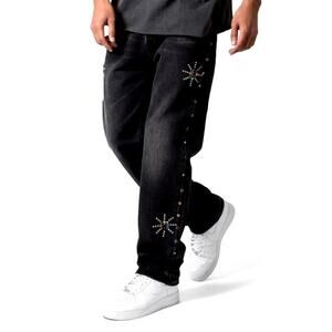 MNML Men's Washed Black V376 Studded Baggy Denim Jeans Size 32